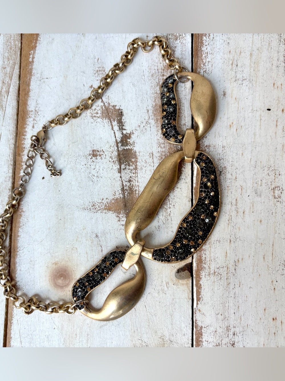 ABS Allen Schwartz bib statement necklace brushed gold pave dark crystals bold